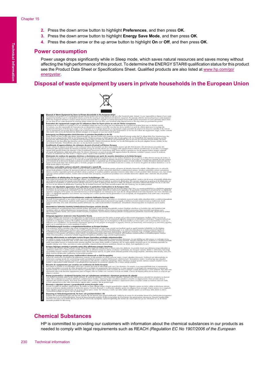 Power consumption, Chemical substances | HP Photosmart Premium Fax C309 User Manual | Page 232 / 244