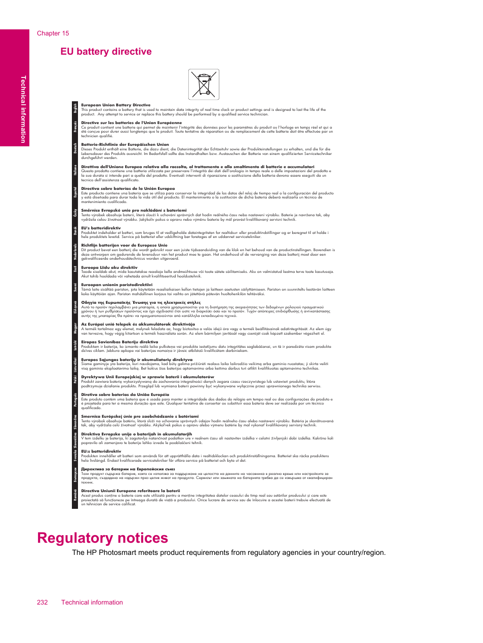 Eu battery directive, Regulatory notices | HP Photosmart Premium Fax C309 User Manual | Page 234 / 244