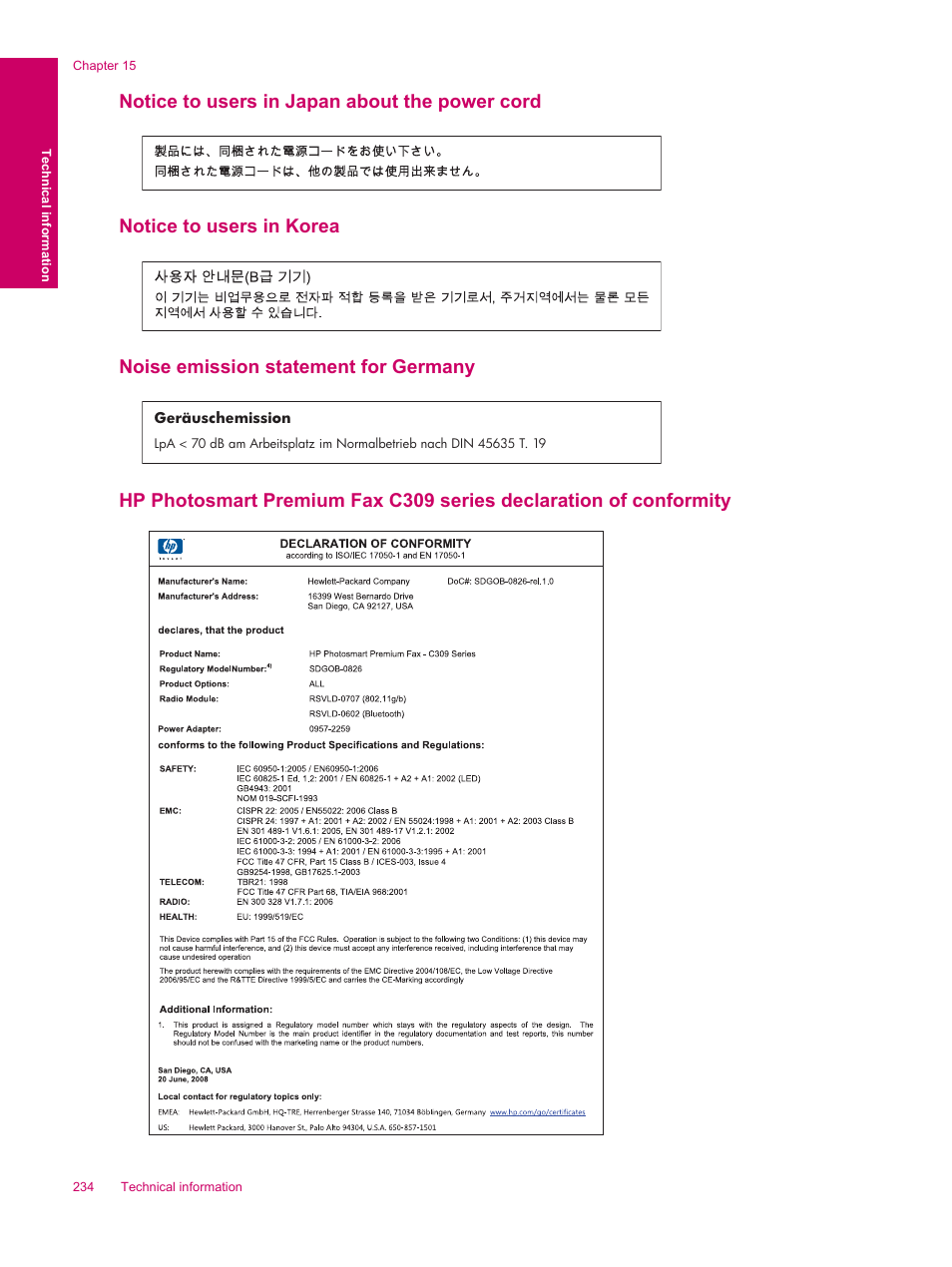Notice to users in japan about the power cord, Notice to users in korea, Noise emission statement for germany | HP Photosmart Premium Fax C309 User Manual | Page 236 / 244