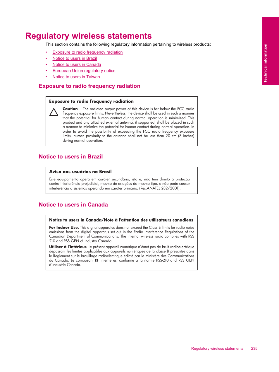 Regulatory wireless statements, Exposure to radio frequency radiation, Notice to users in brazil | Notice to users in canada | HP Photosmart Premium Fax C309 User Manual | Page 237 / 244