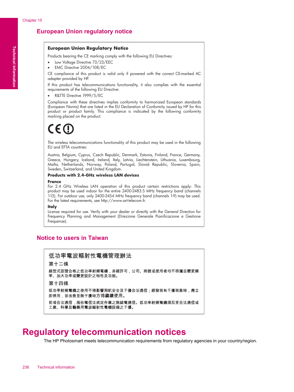 European union regulatory notice, Notice to users in taiwan, Regulatory telecommunication notices | HP Photosmart Premium Fax C309 User Manual | Page 238 / 244