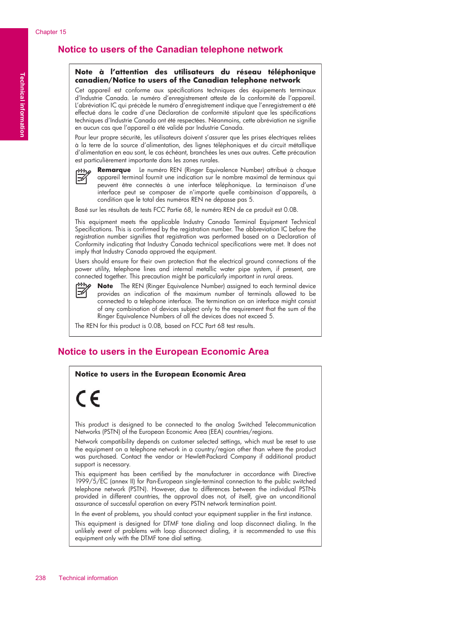 Notice to users of the canadian telephone network, Notice to users in the european economic area | HP Photosmart Premium Fax C309 User Manual | Page 240 / 244