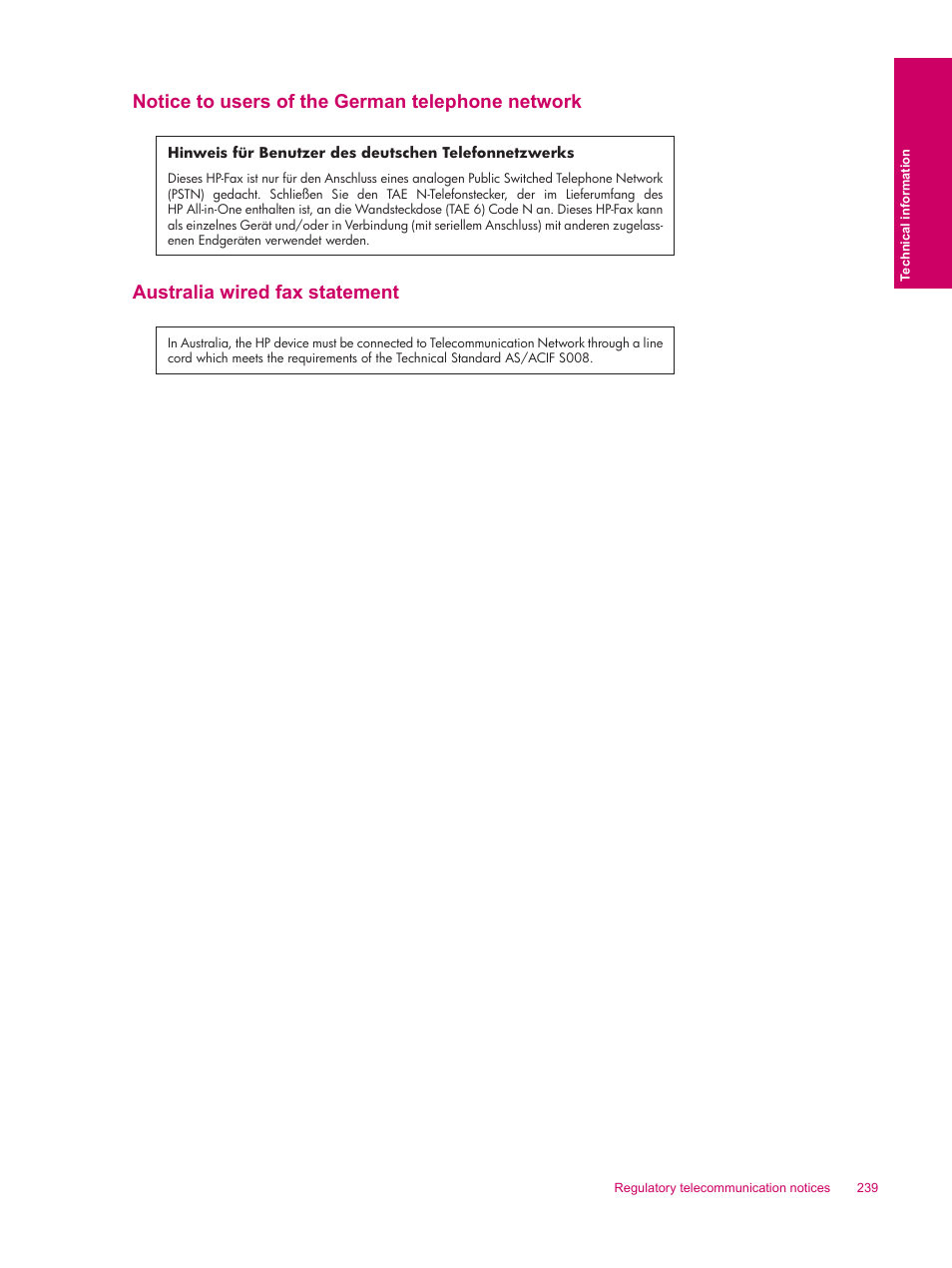 Notice to users of the german telephone network, Australia wired fax statement | HP Photosmart Premium Fax C309 User Manual | Page 241 / 244