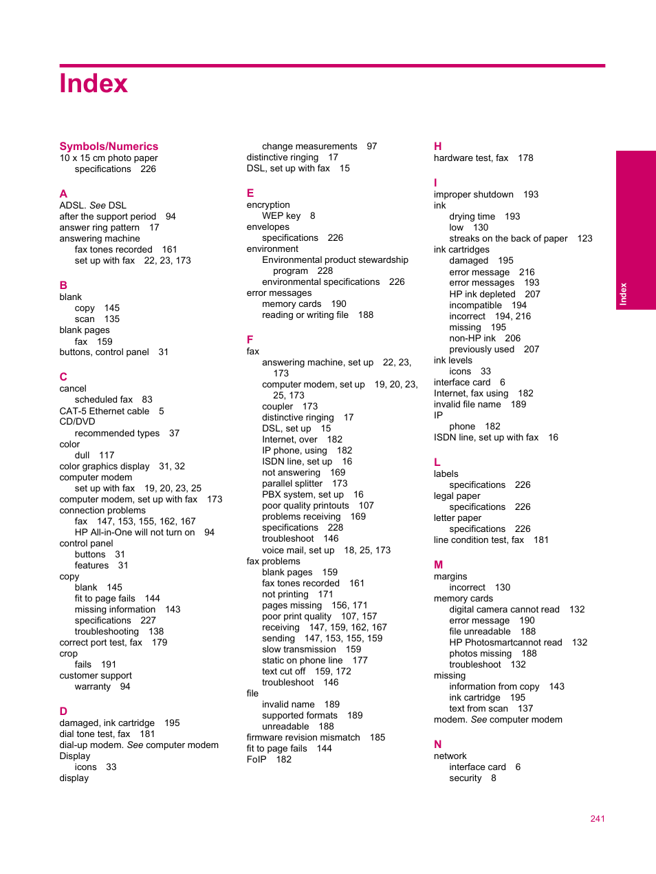 Index | HP Photosmart Premium Fax C309 User Manual | Page 243 / 244