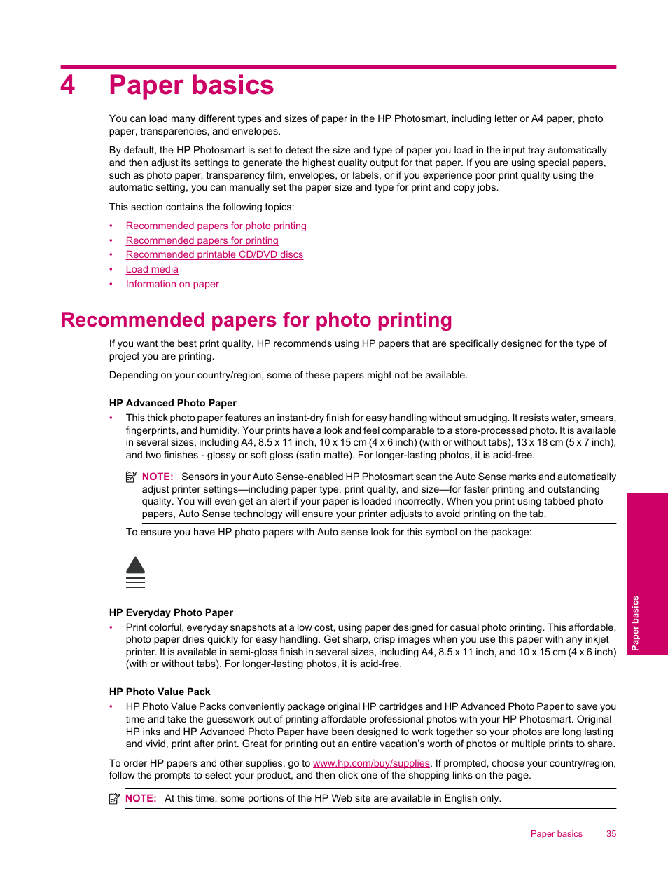 4paper basics, Recommended papers for photo printing | HP Photosmart Premium Fax C309 User Manual | Page 37 / 244