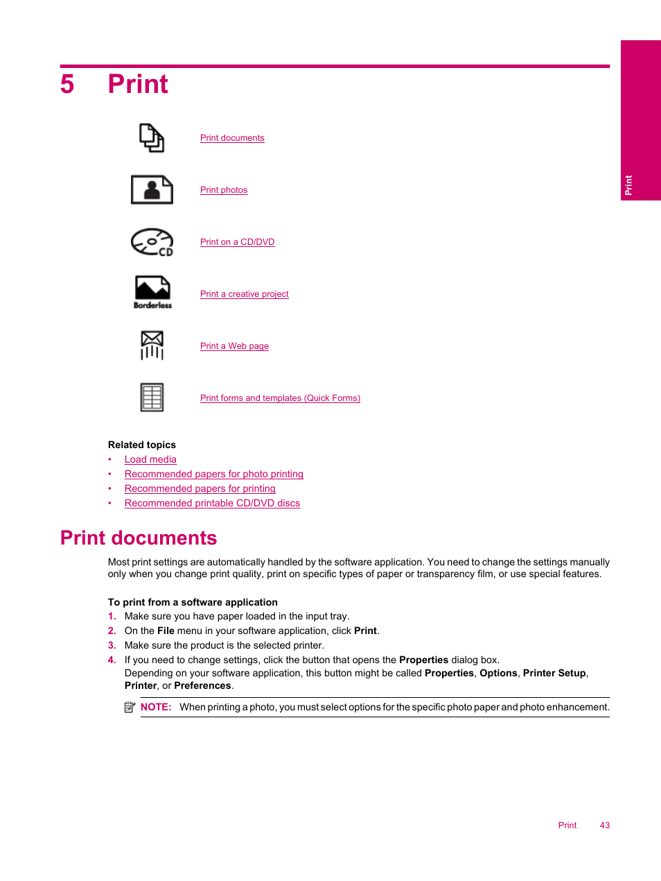 Print, Print documents, 5 print | 5print | HP Photosmart Premium Fax C309 User Manual | Page 45 / 244