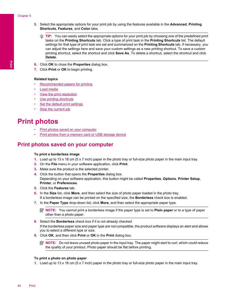 Print photos, Print photos saved on your computer | HP Photosmart Premium Fax C309 User Manual | Page 46 / 244