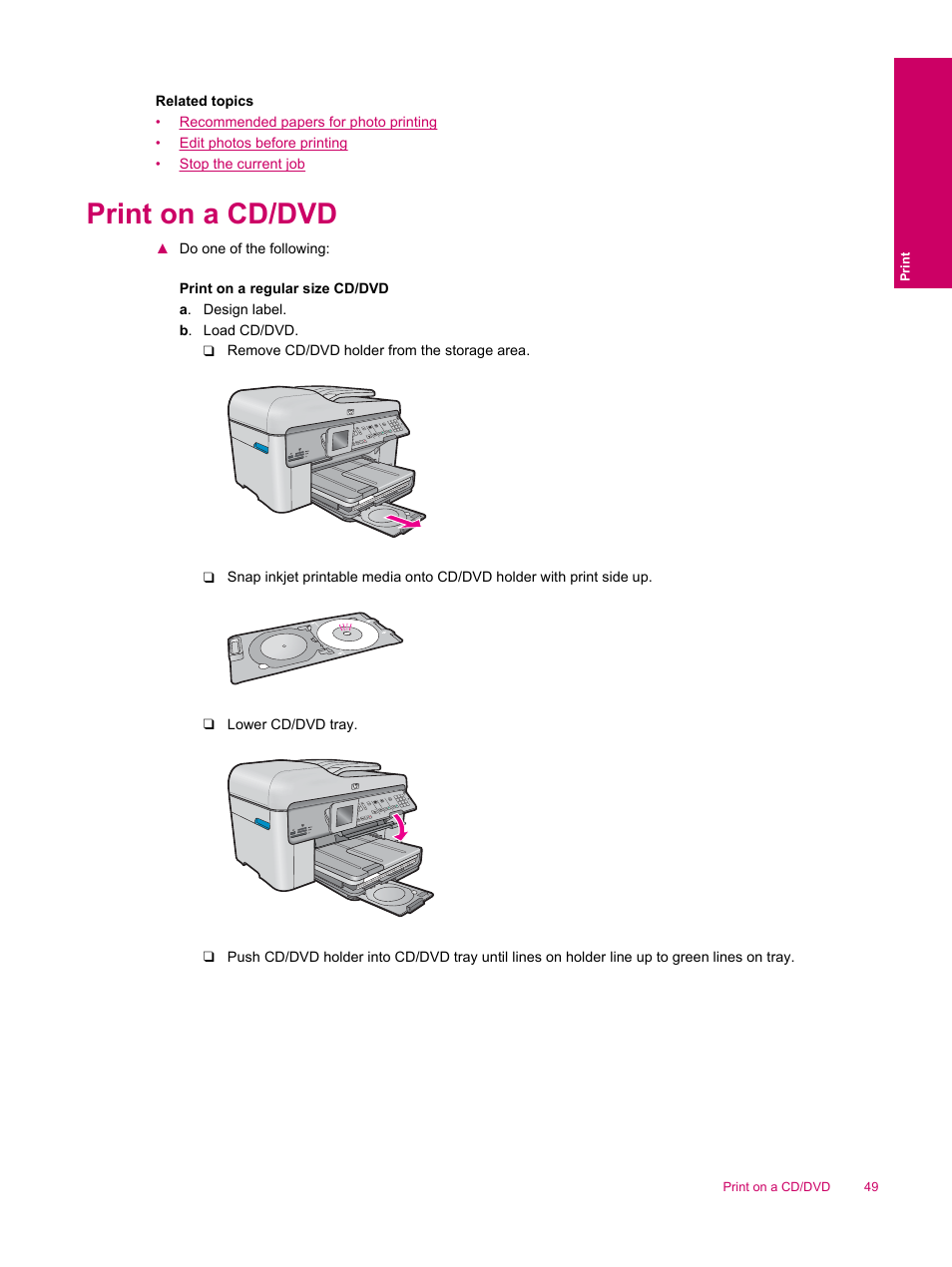 Print on a cd/dvd | HP Photosmart Premium Fax C309 User Manual | Page 51 / 244