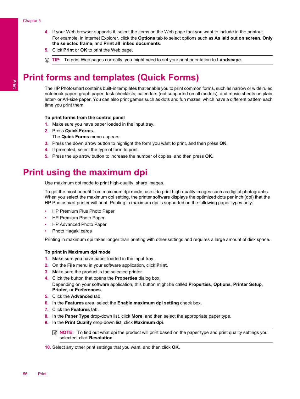 Print forms and templates (quick forms), Print forms and templates ( quick forms ), Print using the maximum dpi | HP Photosmart Premium Fax C309 User Manual | Page 58 / 244