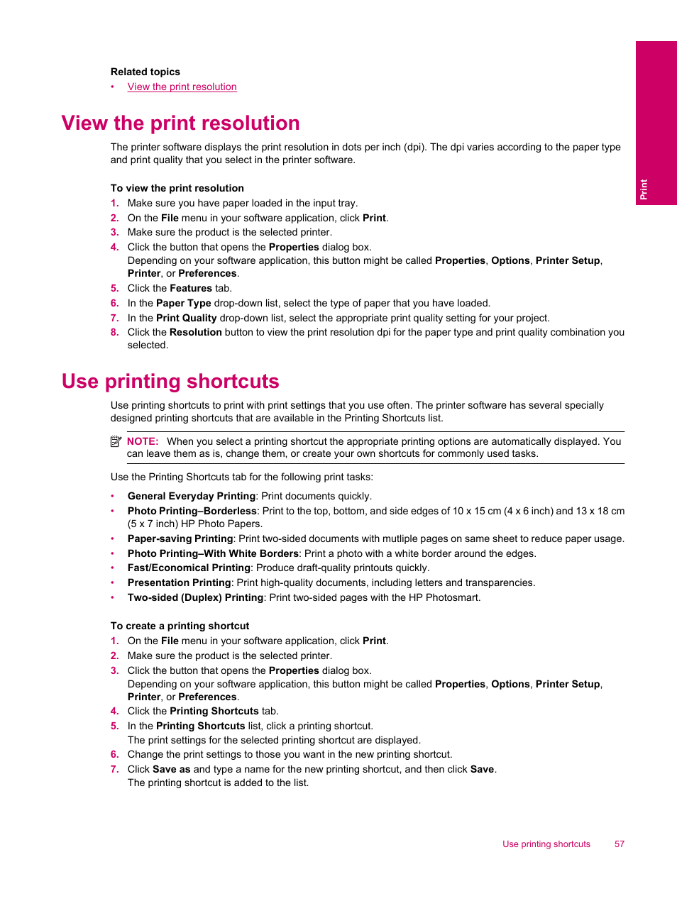 View the print resolution, Use printing shortcuts | HP Photosmart Premium Fax C309 User Manual | Page 59 / 244