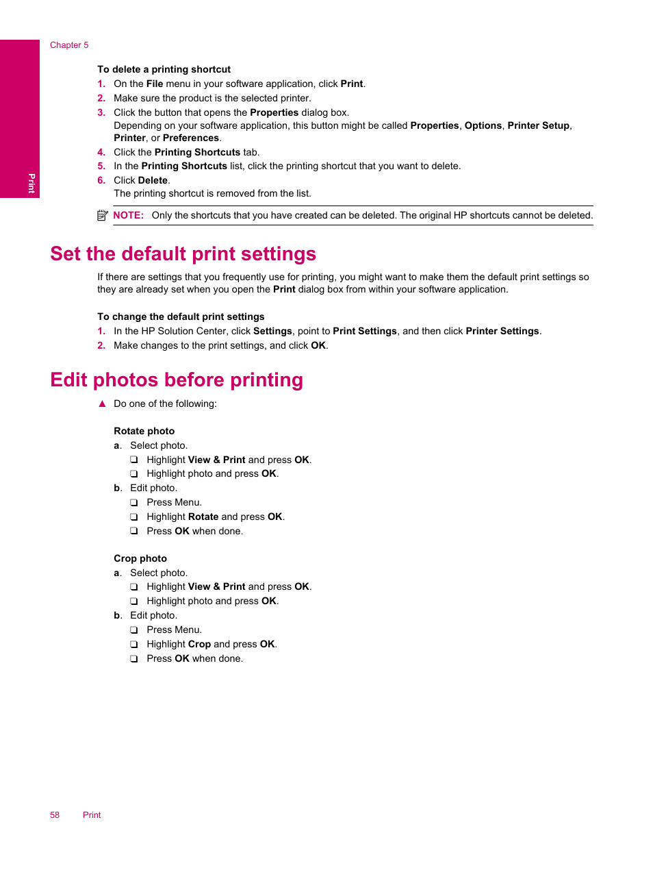 Set the default print settings, Edit photos before printing | HP Photosmart Premium Fax C309 User Manual | Page 60 / 244