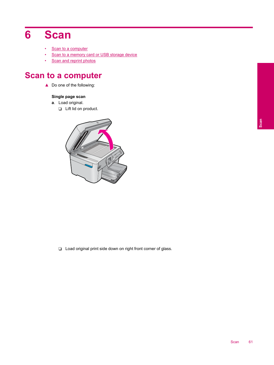 Scan, Scan to a computer, 6 scan | 6scan | HP Photosmart Premium Fax C309 User Manual | Page 63 / 244