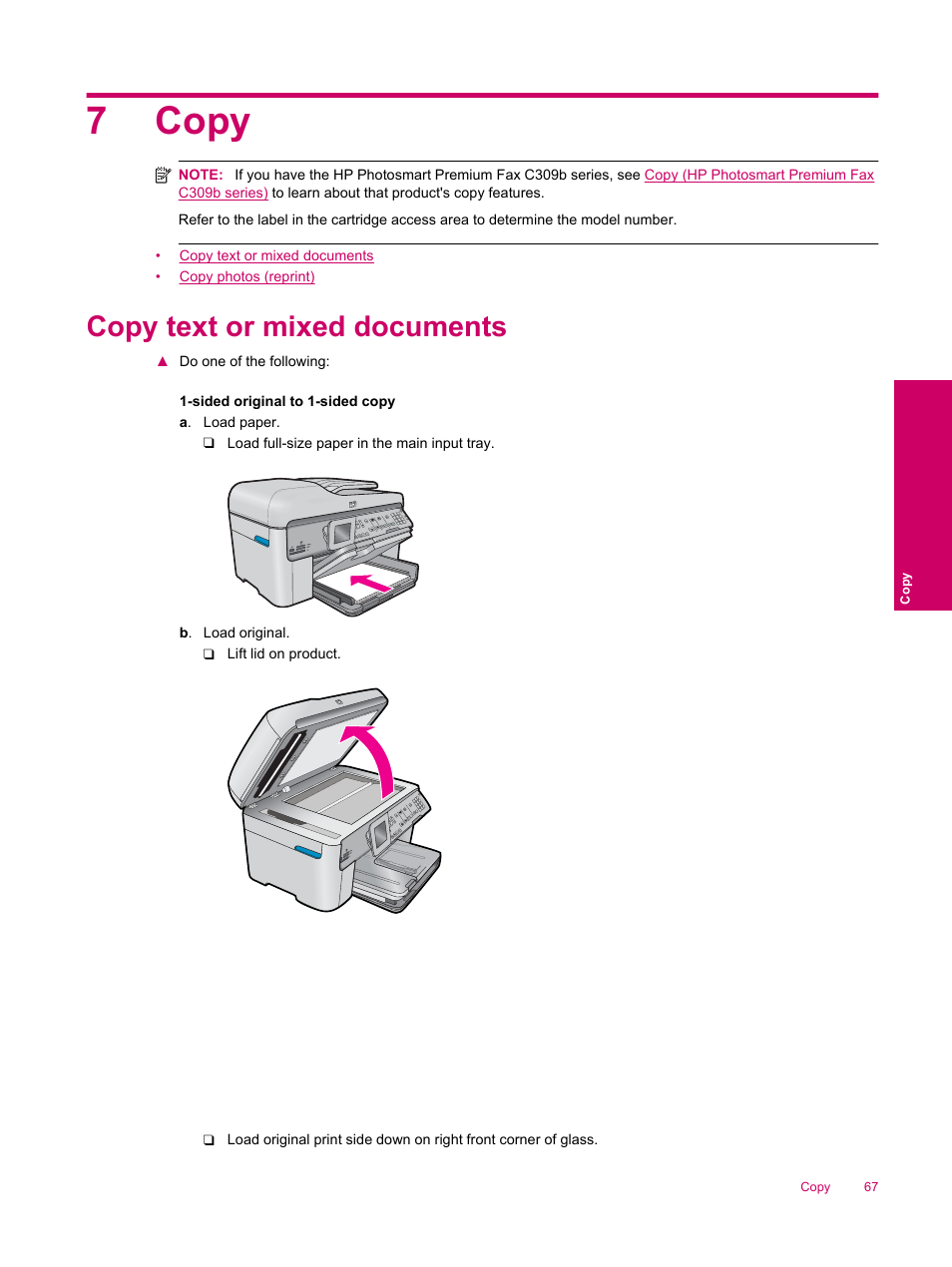 Copy, Copy text or mixed documents, 7 copy | 7copy | HP Photosmart Premium Fax C309 User Manual | Page 69 / 244