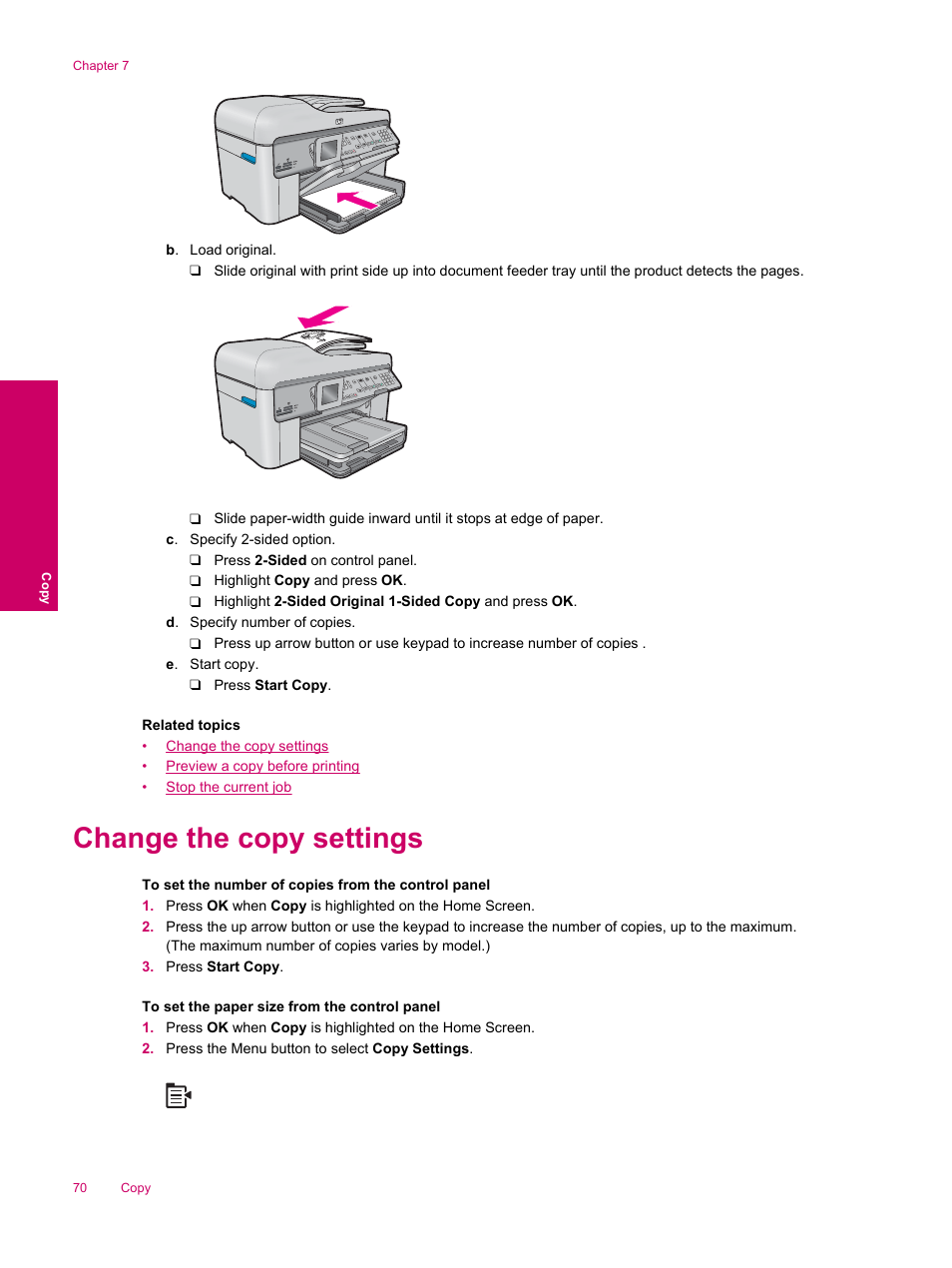 Change the copy settings | HP Photosmart Premium Fax C309 User Manual | Page 72 / 244