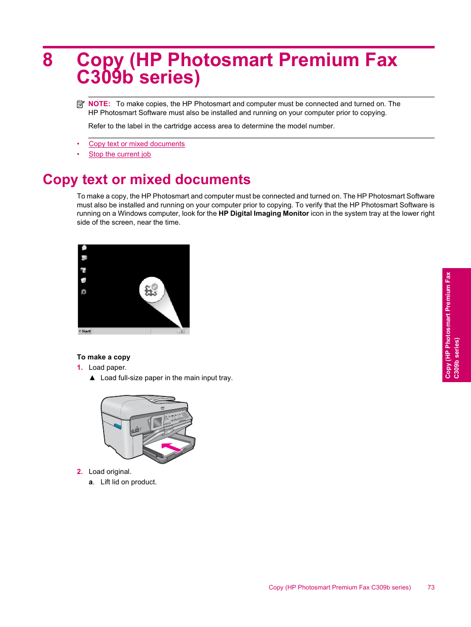 Copy (hp photosmart premium fax c309b series), Copy text or mixed documents, 8 copy (hp photosmart premium fax c309b series) | Copy (hp photosmart premium fax, C309b series), 8copy (hp photosmart premium fax c309b series) | HP Photosmart Premium Fax C309 User Manual | Page 75 / 244