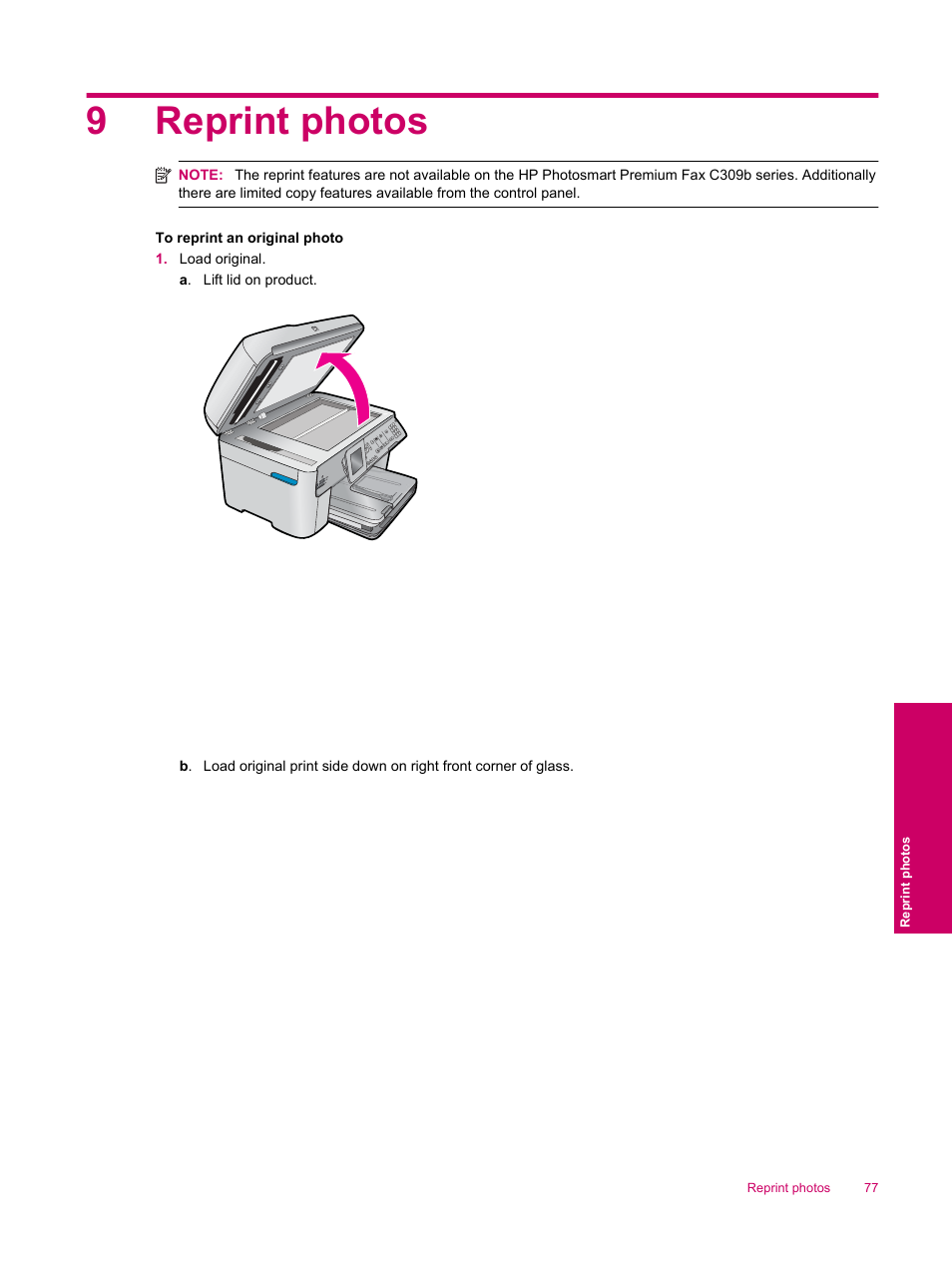 Reprint photos, 9 reprint photos, Copy photos (reprint) | 9reprint photos | HP Photosmart Premium Fax C309 User Manual | Page 79 / 244