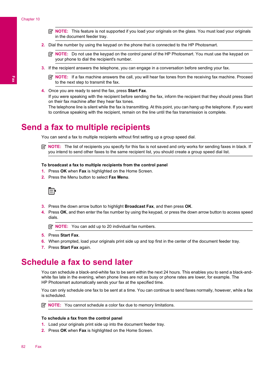 Send a fax to multiple recipients, Schedule a fax to send later | HP Photosmart Premium Fax C309 User Manual | Page 84 / 244