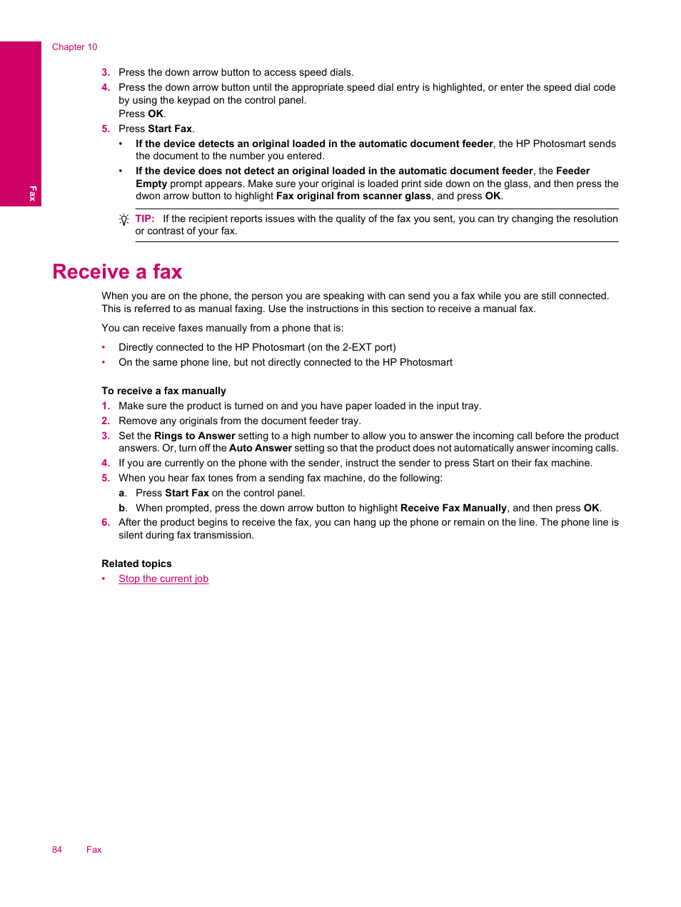 Receive a fax | HP Photosmart Premium Fax C309 User Manual | Page 86 / 244