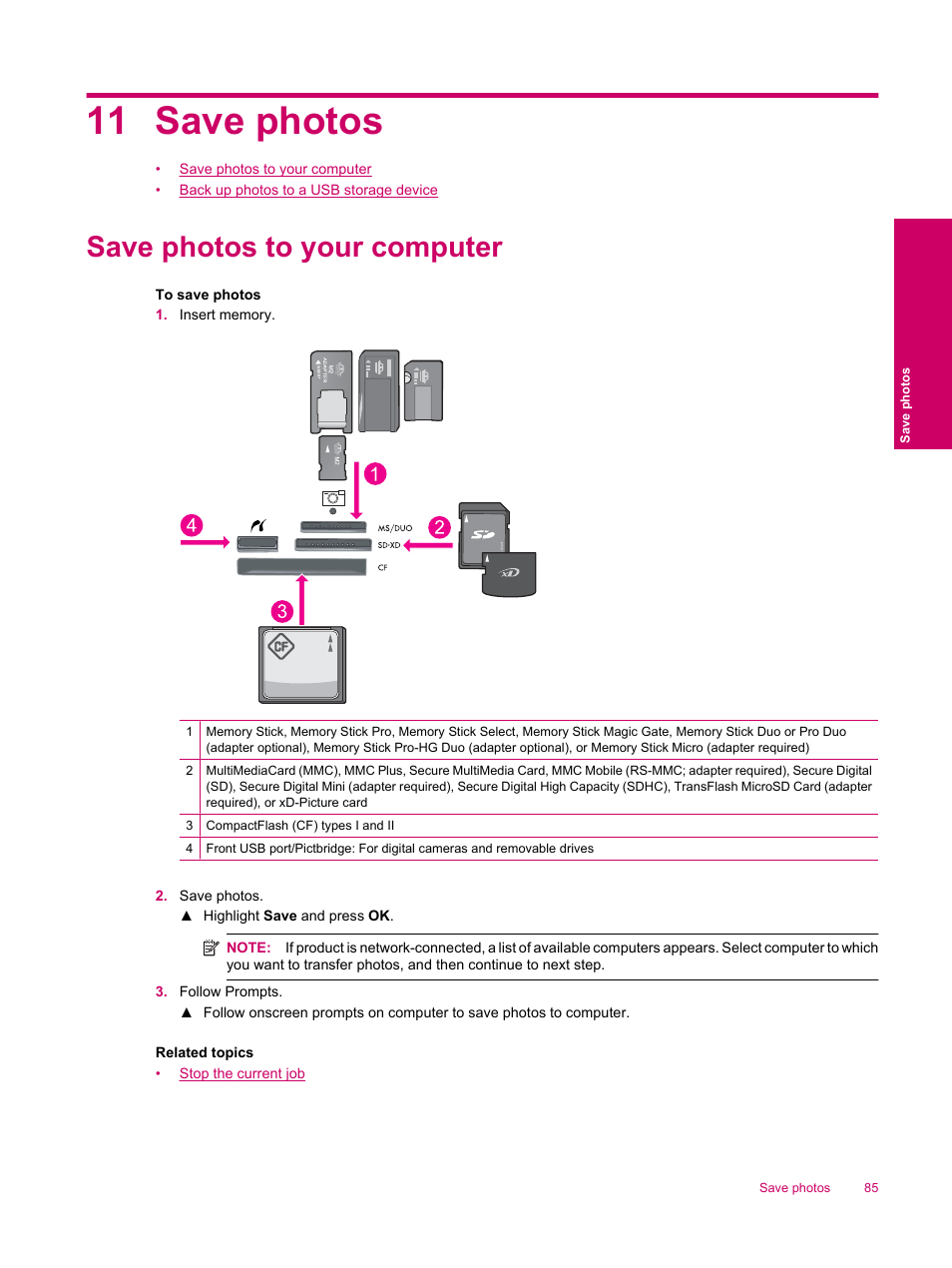 Save photos, Save photos to your computer, 11 save photos | HP Photosmart Premium Fax C309 User Manual | Page 87 / 244