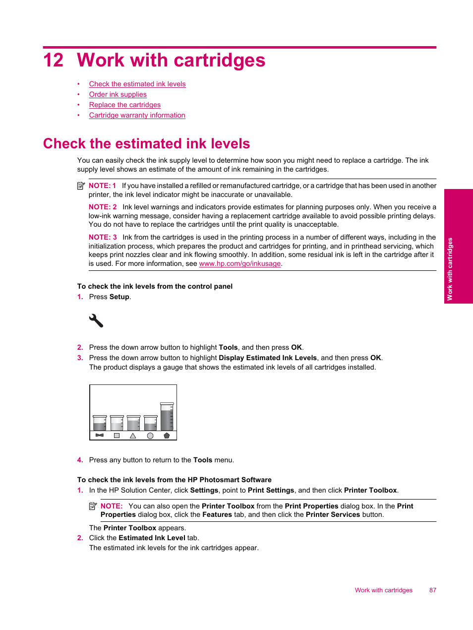 Work with cartridges, Check the estimated ink levels, 12 work with cartridges | HP Photosmart Premium Fax C309 User Manual | Page 89 / 244