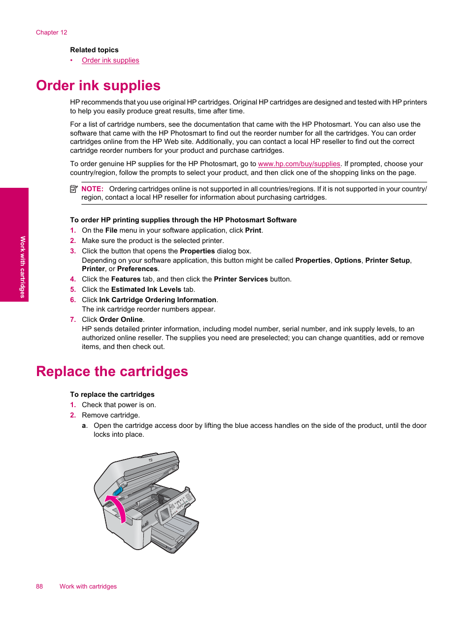 Order ink supplies, Replace the cartridges, Order ink supplies replace the cartridges | HP Photosmart Premium Fax C309 User Manual | Page 90 / 244