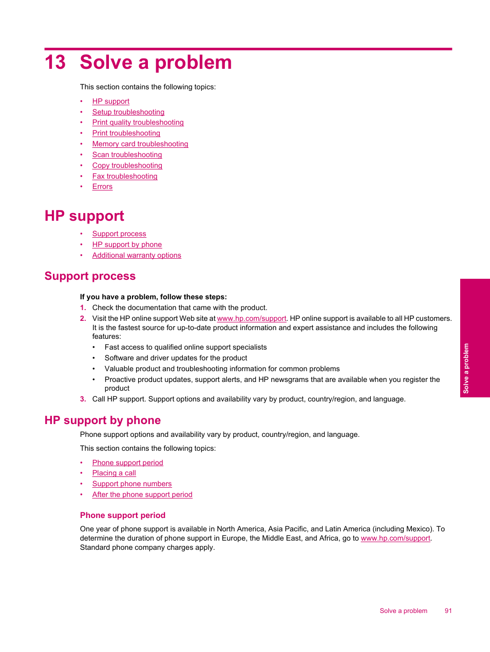 Solve a problem, Hp support, Support process | Hp support by phone, Phone support period, 13 solve a problem | HP Photosmart Premium Fax C309 User Manual | Page 93 / 244