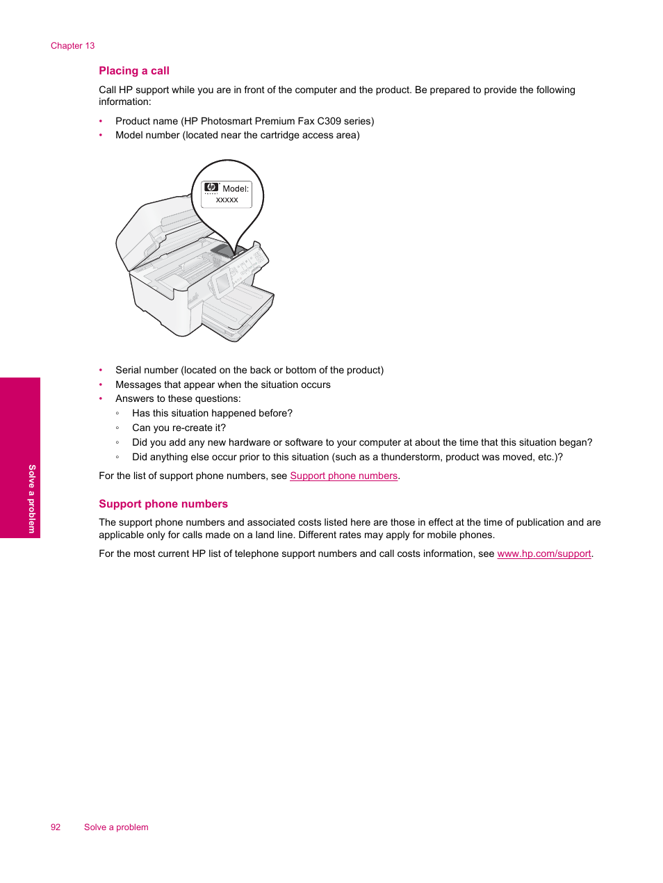 Placing a call, Support phone numbers | HP Photosmart Premium Fax C309 User Manual | Page 94 / 244