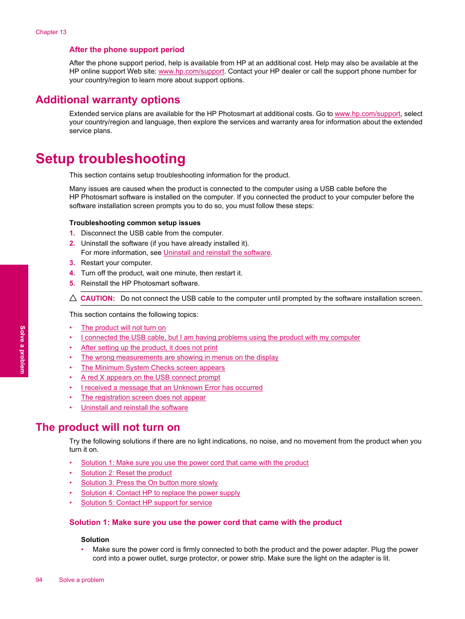 After the phone support period, Additional warranty options, Setup troubleshooting | The product will not turn on | HP Photosmart Premium Fax C309 User Manual | Page 96 / 244