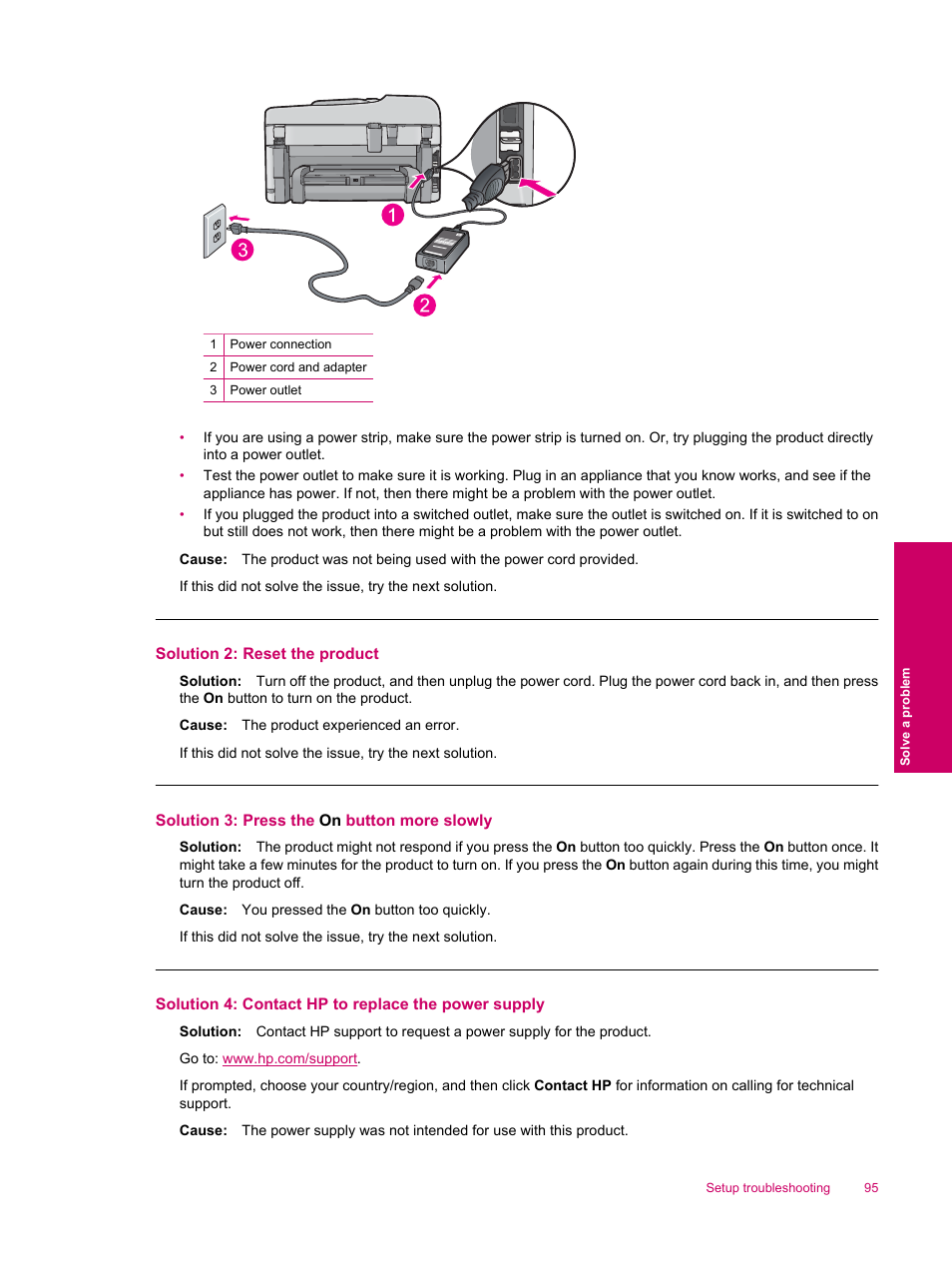 Solution 2: reset the product, Solution 3: press the on button more slowly, Solution 4: contact hp to replace the power supply | HP Photosmart Premium Fax C309 User Manual | Page 97 / 244