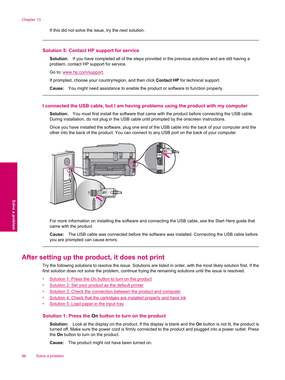 After setting up the product, it does not print, Solution 5: contact hp support for service | HP Photosmart Premium Fax C309 User Manual | Page 98 / 244