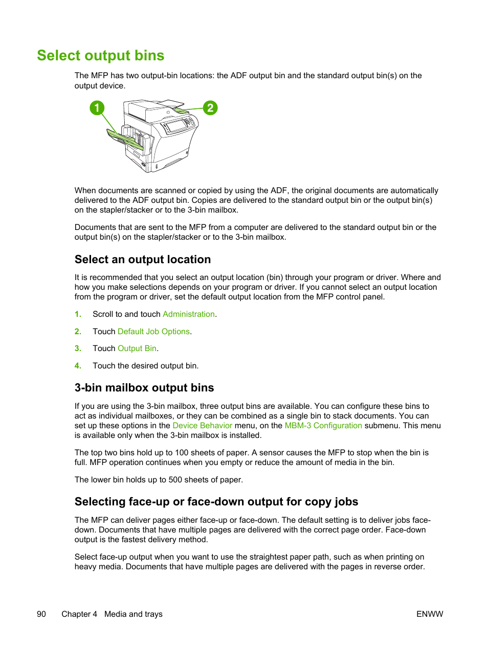 Select output bins, Select an output location, 3‑bin mailbox output bins | Bin mailbox output bins | HP LaserJet M4345 Multifunction Printer series User Manual | Page 102 / 296