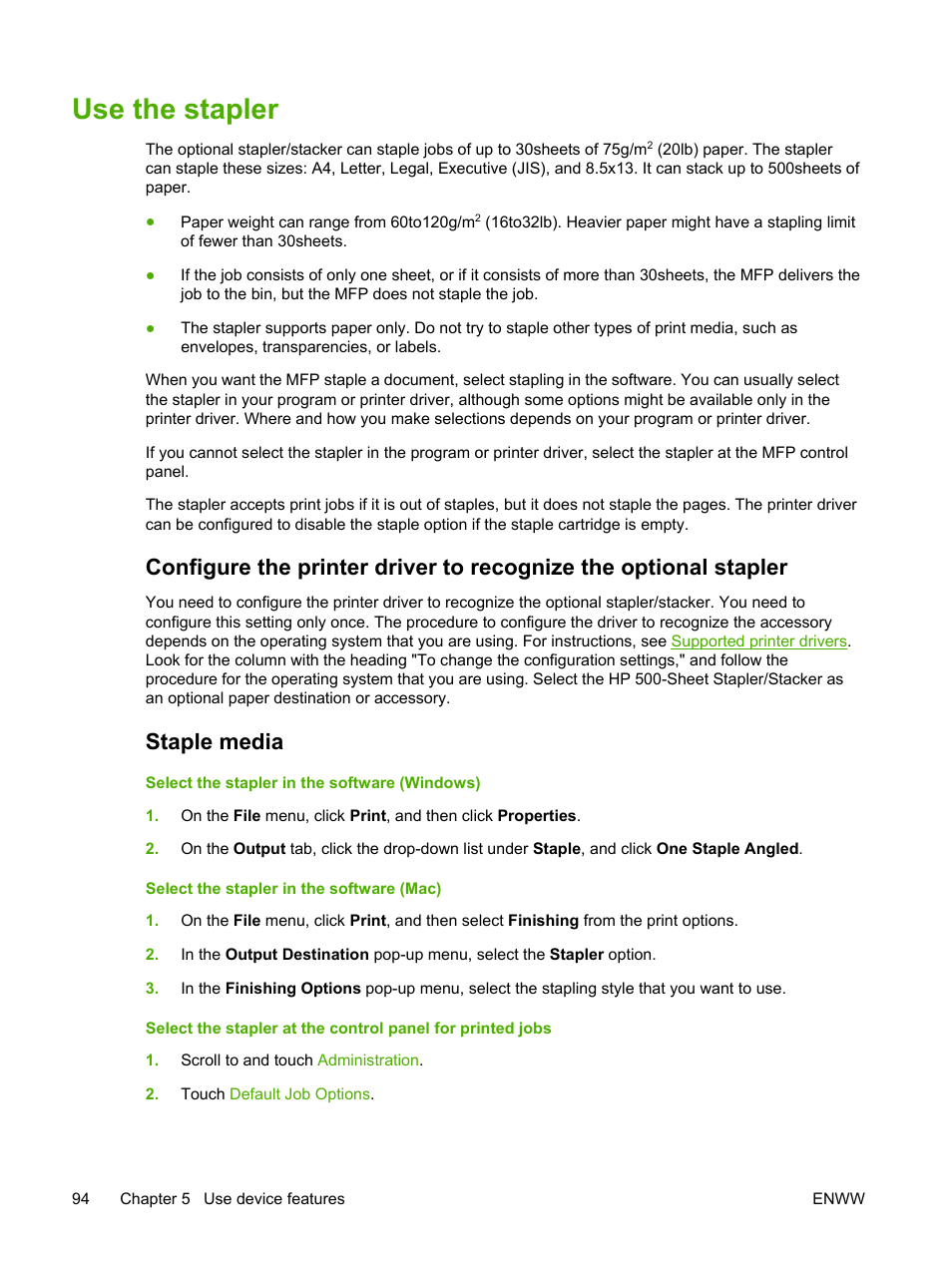 Use the stapler, Staple media | HP LaserJet M4345 Multifunction Printer series User Manual | Page 106 / 296