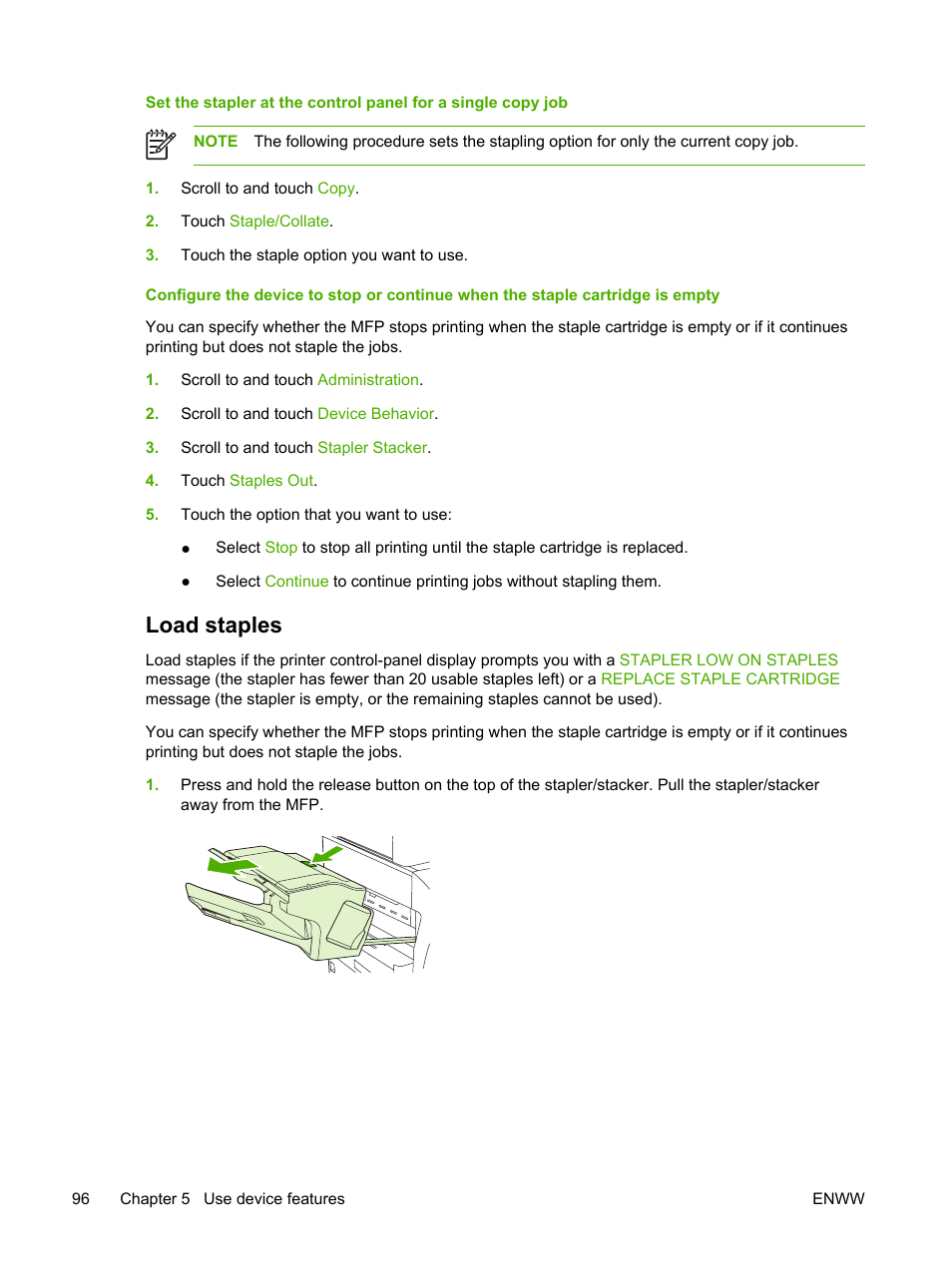 Load staples | HP LaserJet M4345 Multifunction Printer series User Manual | Page 108 / 296