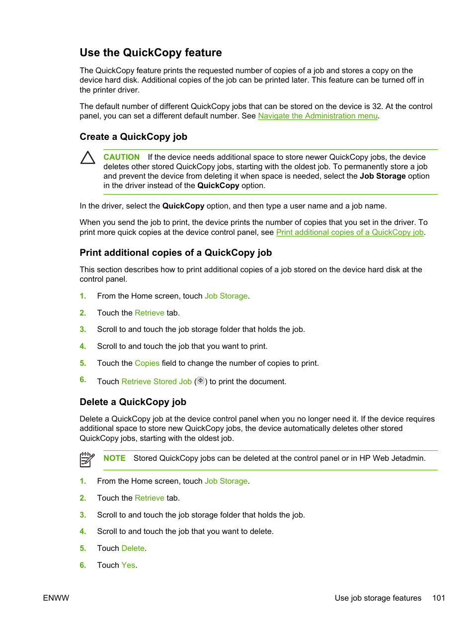 Use the quickcopy feature, Create a quickcopy job, Print additional copies of a quickcopy job | Delete a quickcopy job | HP LaserJet M4345 Multifunction Printer series User Manual | Page 113 / 296