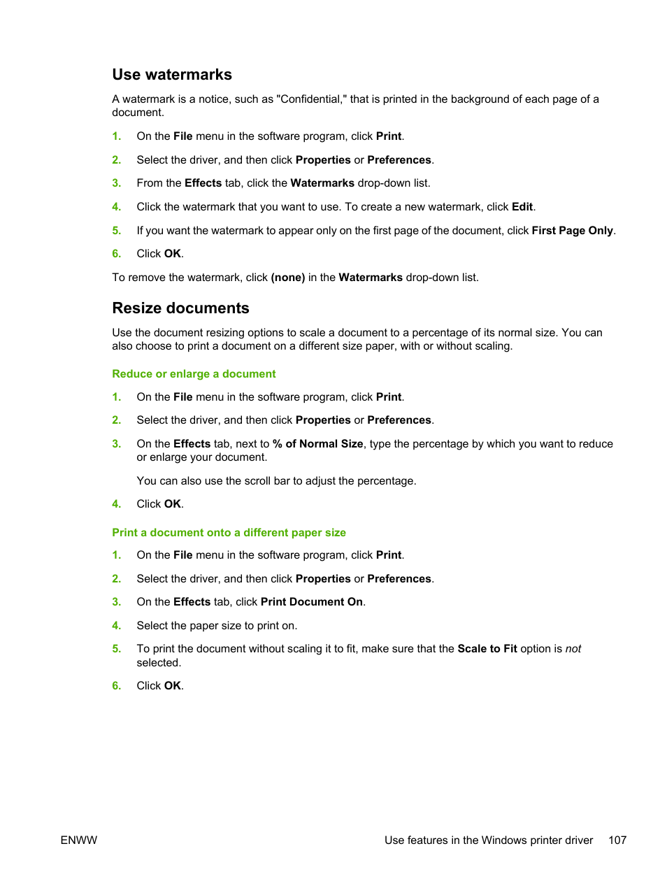 Use watermarks, Resize documents, Use watermarks resize documents | HP LaserJet M4345 Multifunction Printer series User Manual | Page 119 / 296