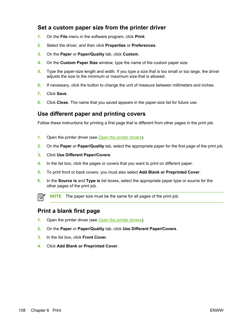 Set a custom paper size from the printer driver, Use different paper and printing covers, Print a blank first page | HP LaserJet M4345 Multifunction Printer series User Manual | Page 120 / 296