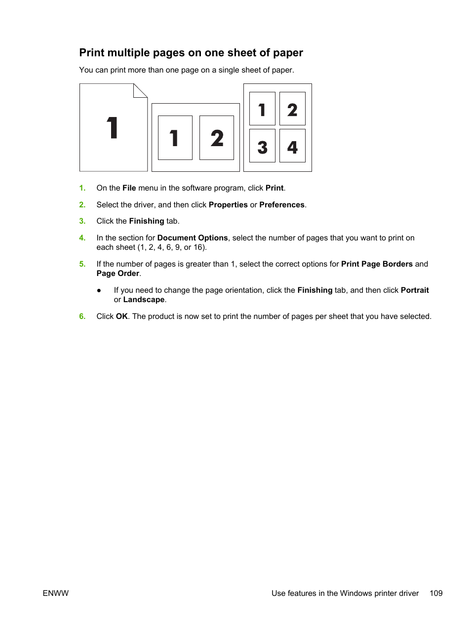 Print multiple pages on one sheet of paper | HP LaserJet M4345 Multifunction Printer series User Manual | Page 121 / 296