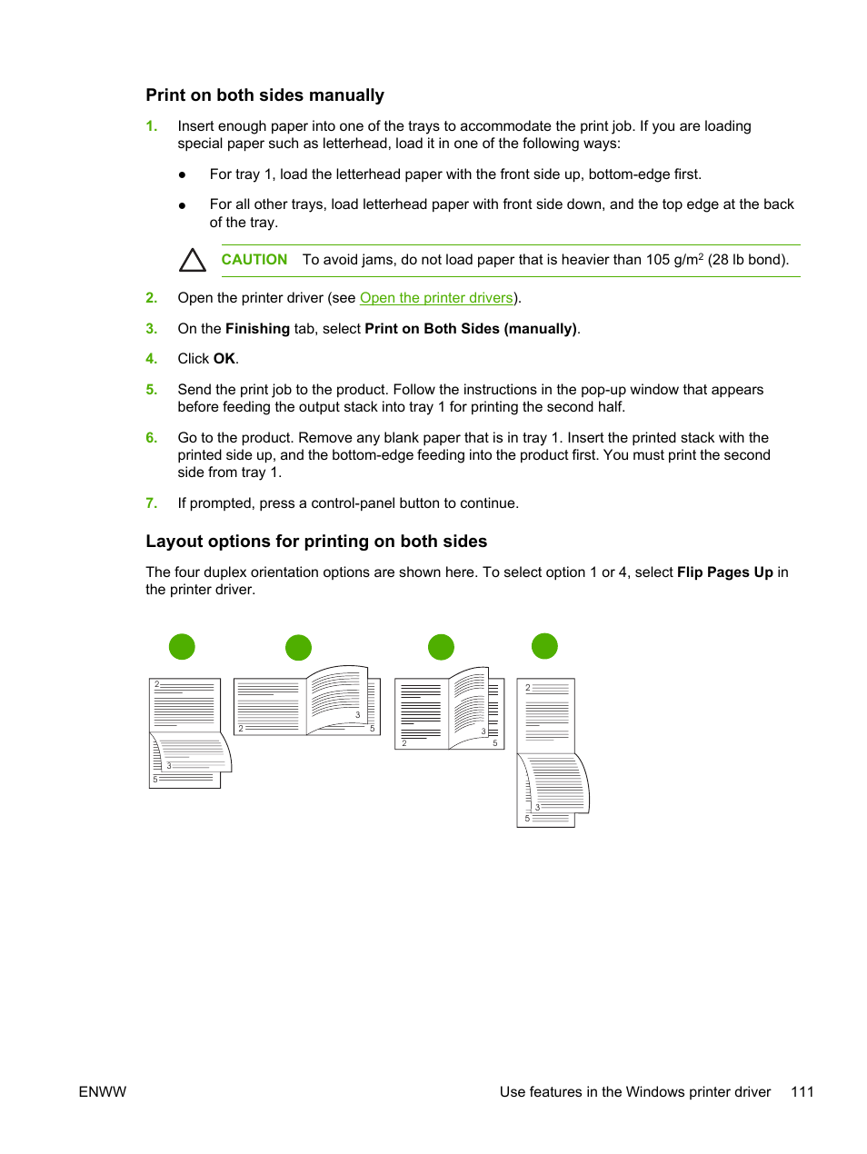 Print on both sides manually, Layout options for printing on both sides | HP LaserJet M4345 Multifunction Printer series User Manual | Page 123 / 296