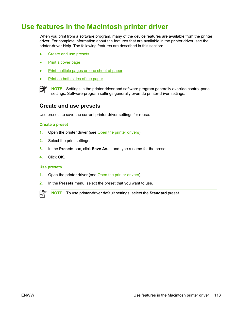 Use features in the macintosh printer driver, Create and use presets | HP LaserJet M4345 Multifunction Printer series User Manual | Page 125 / 296