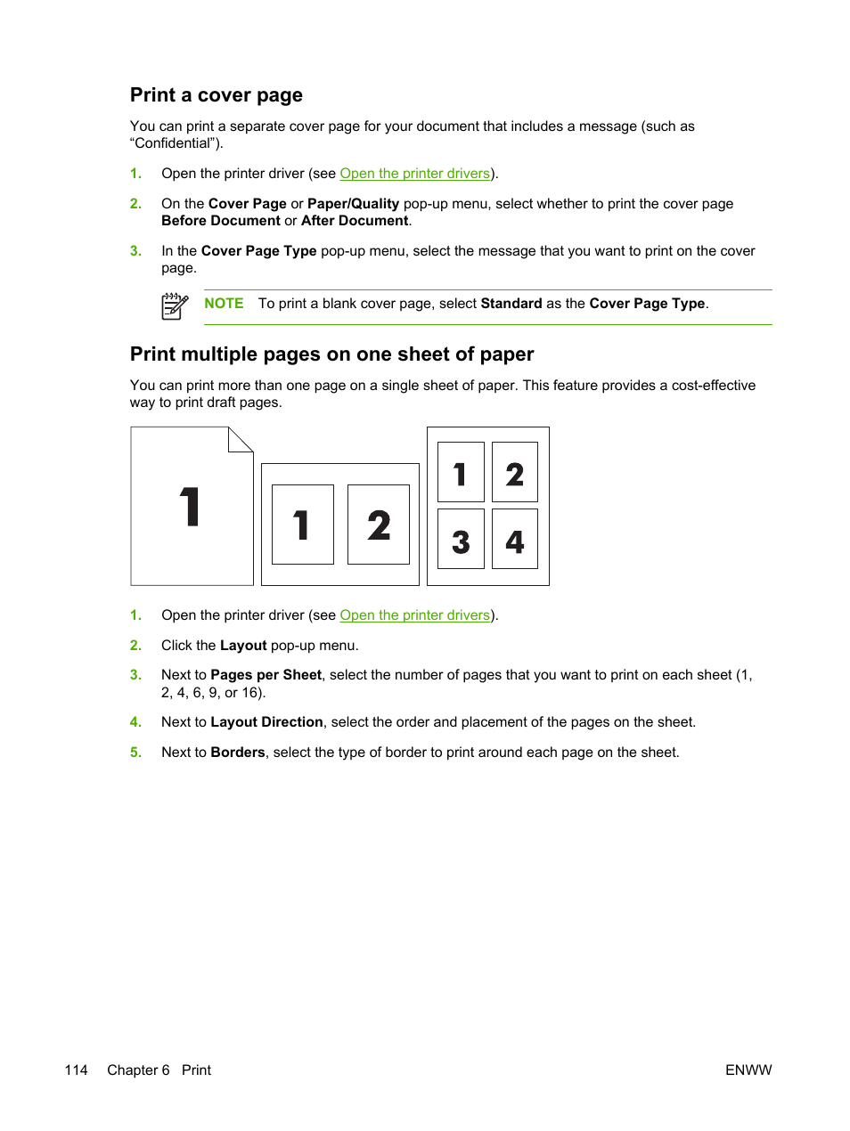 Print a cover page, Print multiple pages on one sheet of paper | HP LaserJet M4345 Multifunction Printer series User Manual | Page 126 / 296