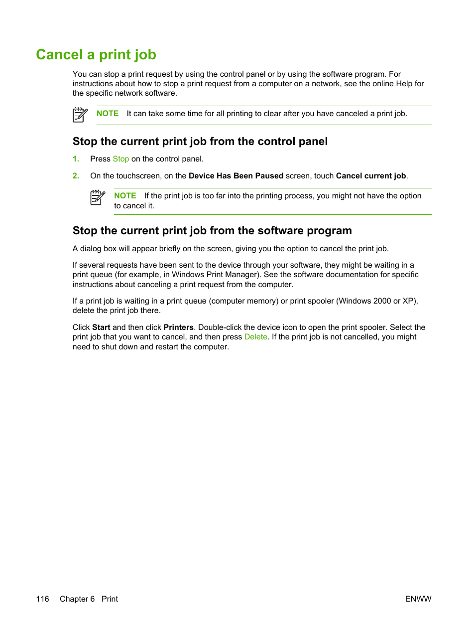 Cancel a print job, Stop the current print job from the control panel | HP LaserJet M4345 Multifunction Printer series User Manual | Page 128 / 296