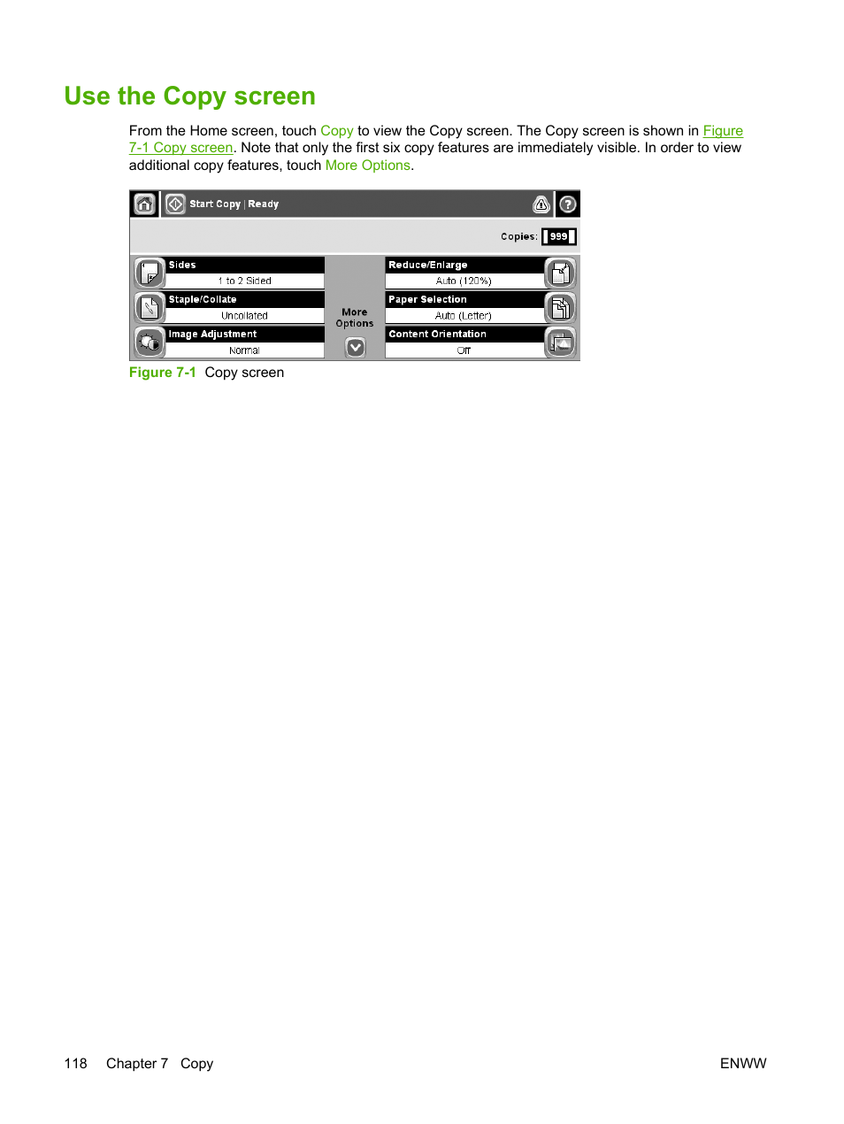 Use the copy screen | HP LaserJet M4345 Multifunction Printer series User Manual | Page 130 / 296