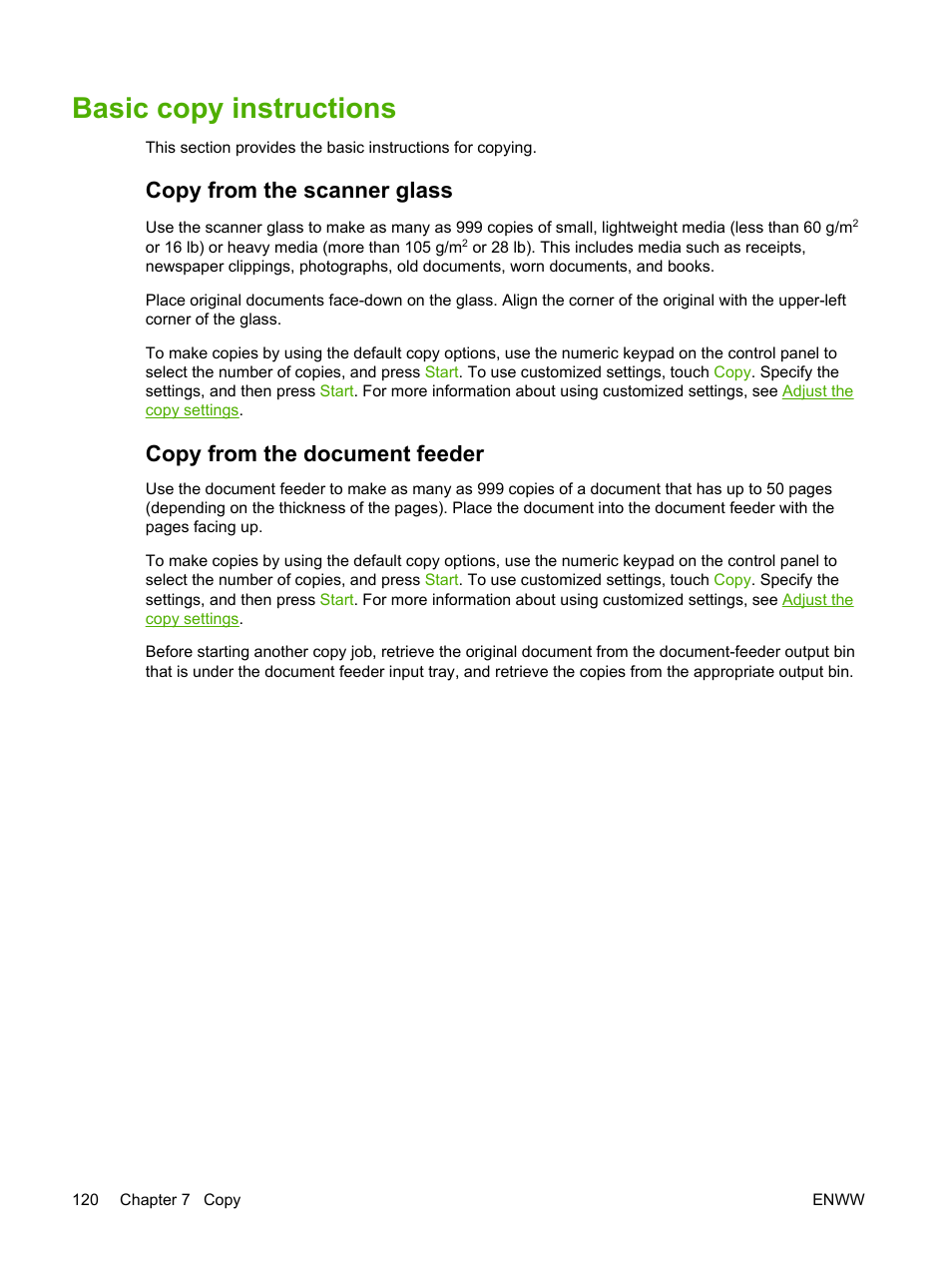 Basic copy instructions, Copy from the scanner glass, Copy from the document feeder | HP LaserJet M4345 Multifunction Printer series User Manual | Page 132 / 296