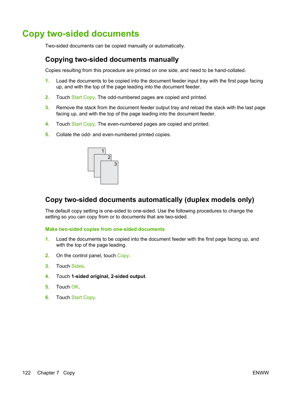 Copy two-sided documents, Copying two-sided documents manually | HP LaserJet M4345 Multifunction Printer series User Manual | Page 134 / 296