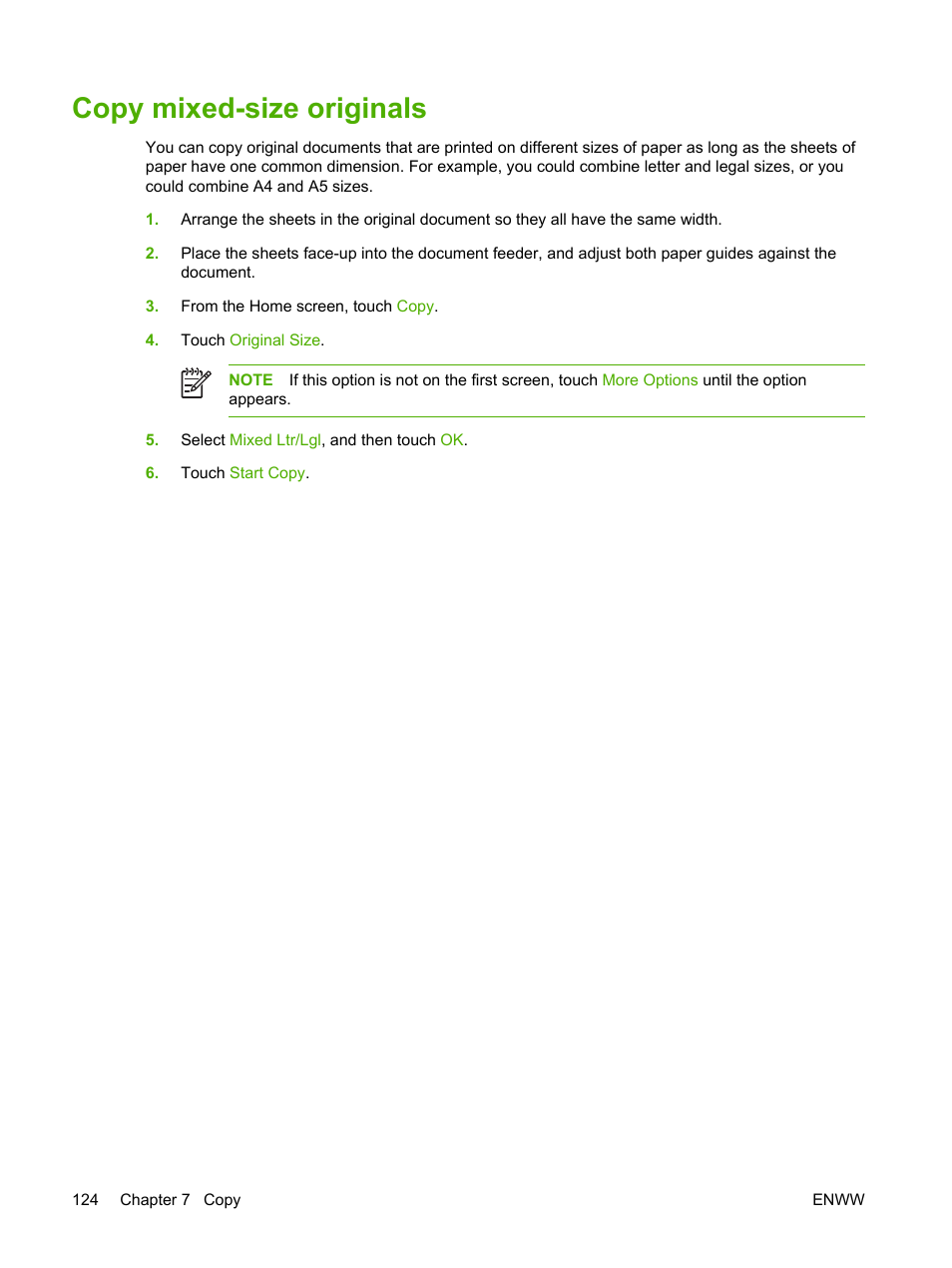 Copy mixed-size originals | HP LaserJet M4345 Multifunction Printer series User Manual | Page 136 / 296