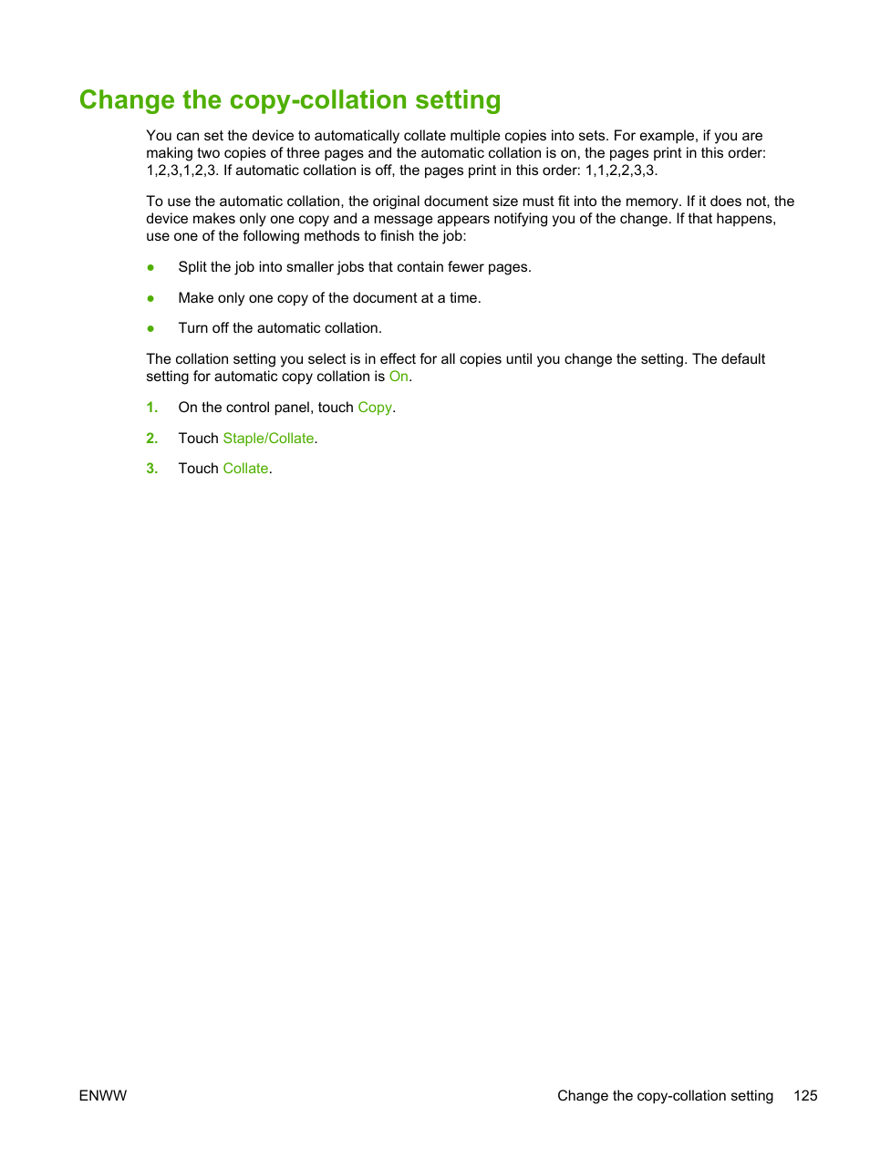Change the copy-collation setting | HP LaserJet M4345 Multifunction Printer series User Manual | Page 137 / 296