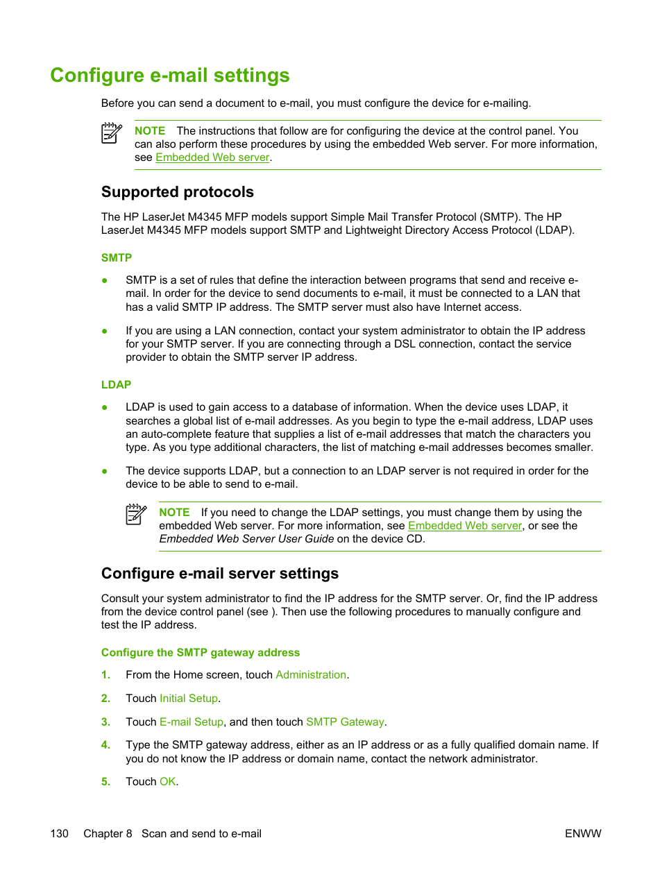 Configure e-mail settings, Supported protocols, Configure e-mail server settings | HP LaserJet M4345 Multifunction Printer series User Manual | Page 142 / 296