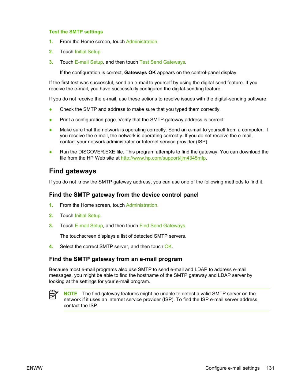 Find gateways, Find the smtp gateway from an e-mail program | HP LaserJet M4345 Multifunction Printer series User Manual | Page 143 / 296