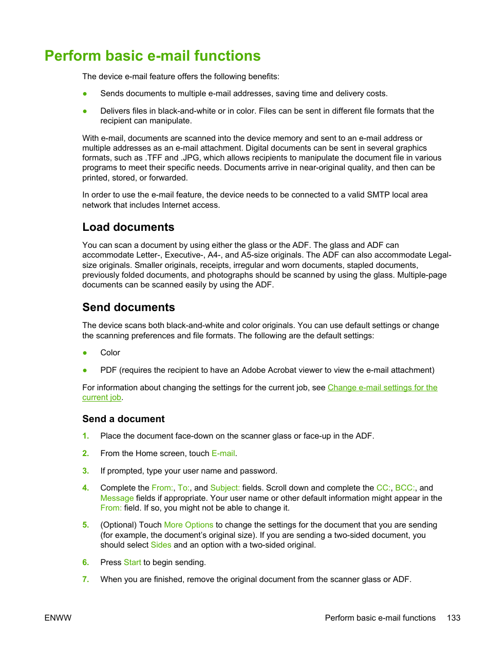 Perform basic e-mail functions, Load documents, Send documents | Send a document, Load documents send documents | HP LaserJet M4345 Multifunction Printer series User Manual | Page 145 / 296
