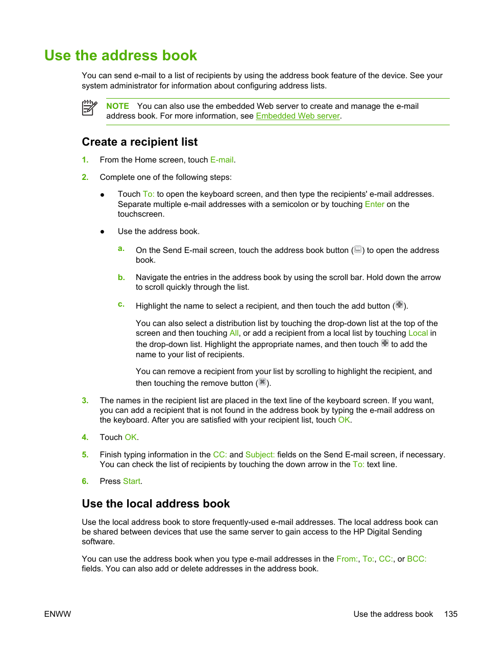 Use the address book, Create a recipient list, Use the local address book | Create a recipient list use the local address book | HP LaserJet M4345 Multifunction Printer series User Manual | Page 147 / 296